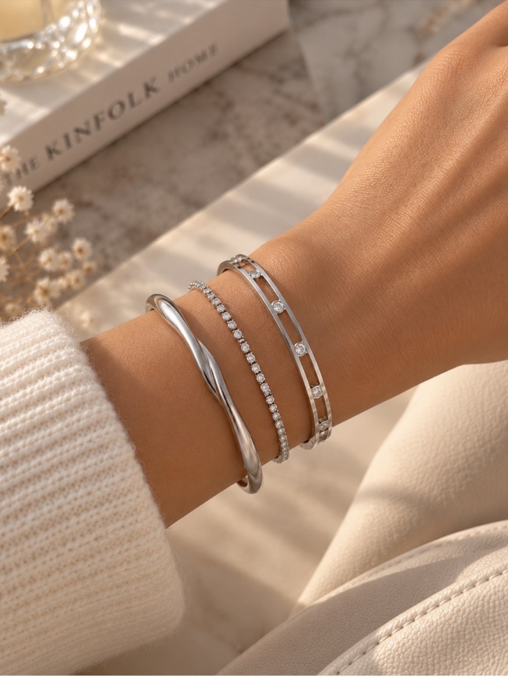 Elegant Silver Crystal Accent Bangle Bracelet